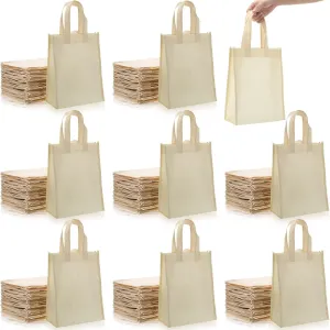 100 Pcs Non Woven Bags Reusable Gift Bag with Handles Shopping Tote Bags Grocery Goodie Party Treat Bags Party Favors (Beige)