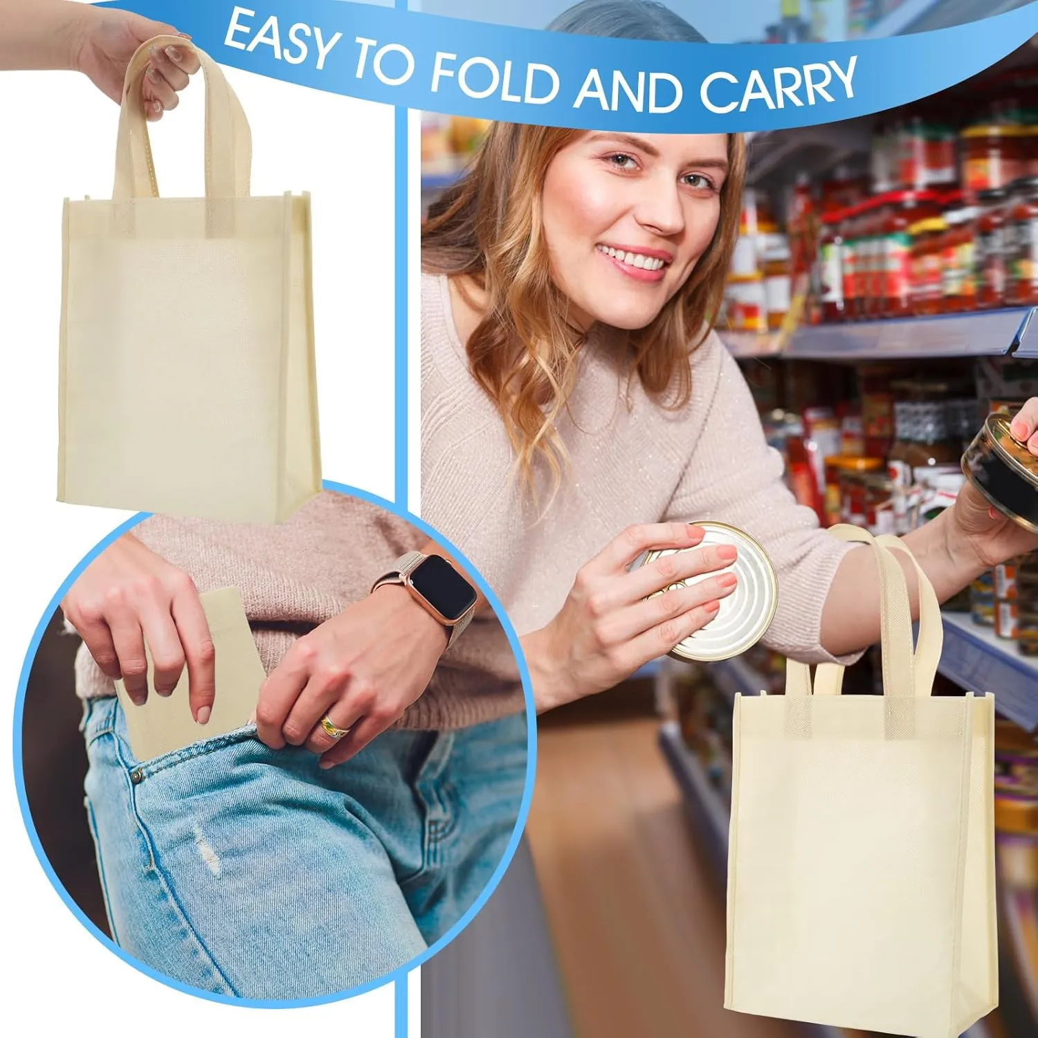 100 Pcs Non Woven Bags Reusable Gift Bag with Handles Shopping Tote Bags Grocery Goodie Party Treat Bags Party Favors (Beige)