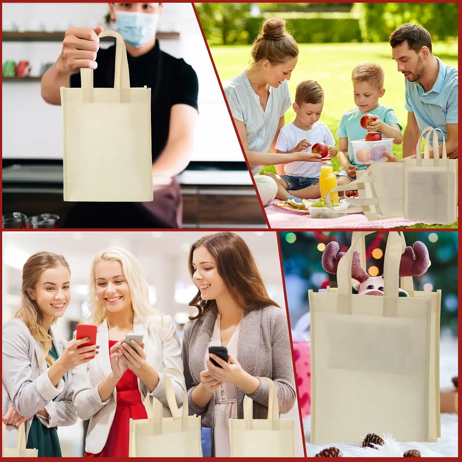 100 Pcs Non Woven Bags Reusable Gift Bag with Handles Shopping Tote Bags Grocery Goodie Party Treat Bags Party Favors (Beige)