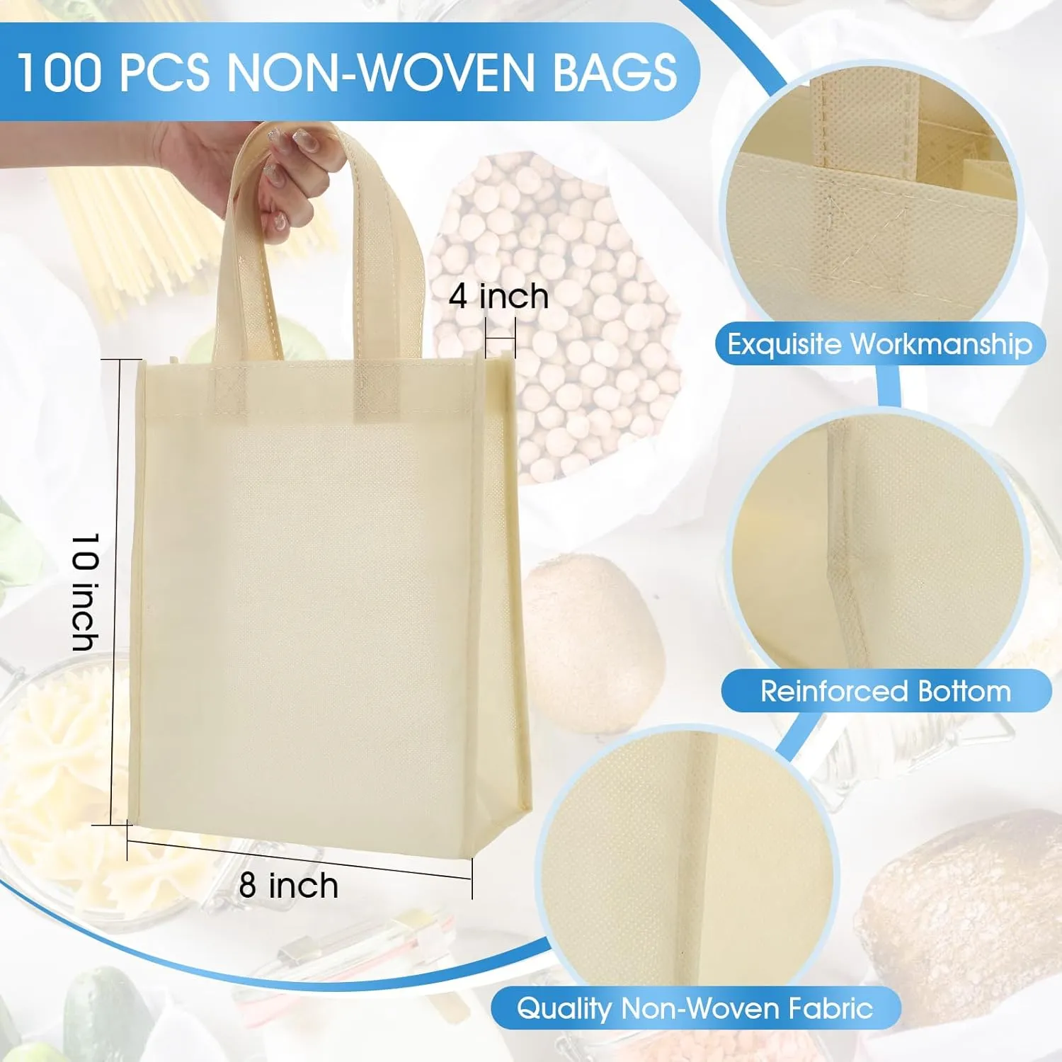100 Pcs Non Woven Bags Reusable Gift Bag with Handles Shopping Tote Bags Grocery Goodie Party Treat Bags Party Favors (Beige)