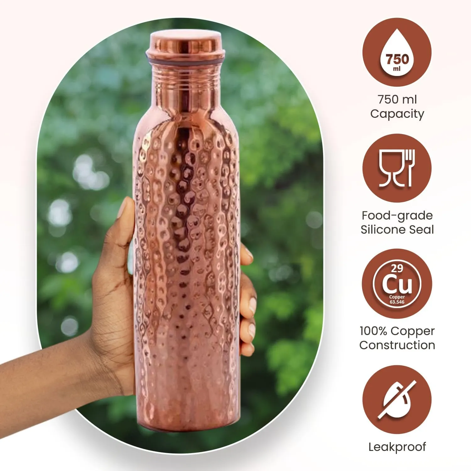 100% Pure Copper Water Bottle - 25.36 Fl Oz / 750 ml - Handmade Leak Proof Vessel For Drinking With Ayurvedic Health Benefits For Sports Fitness Yoga, Gym, Office, Hiking, Outdoor