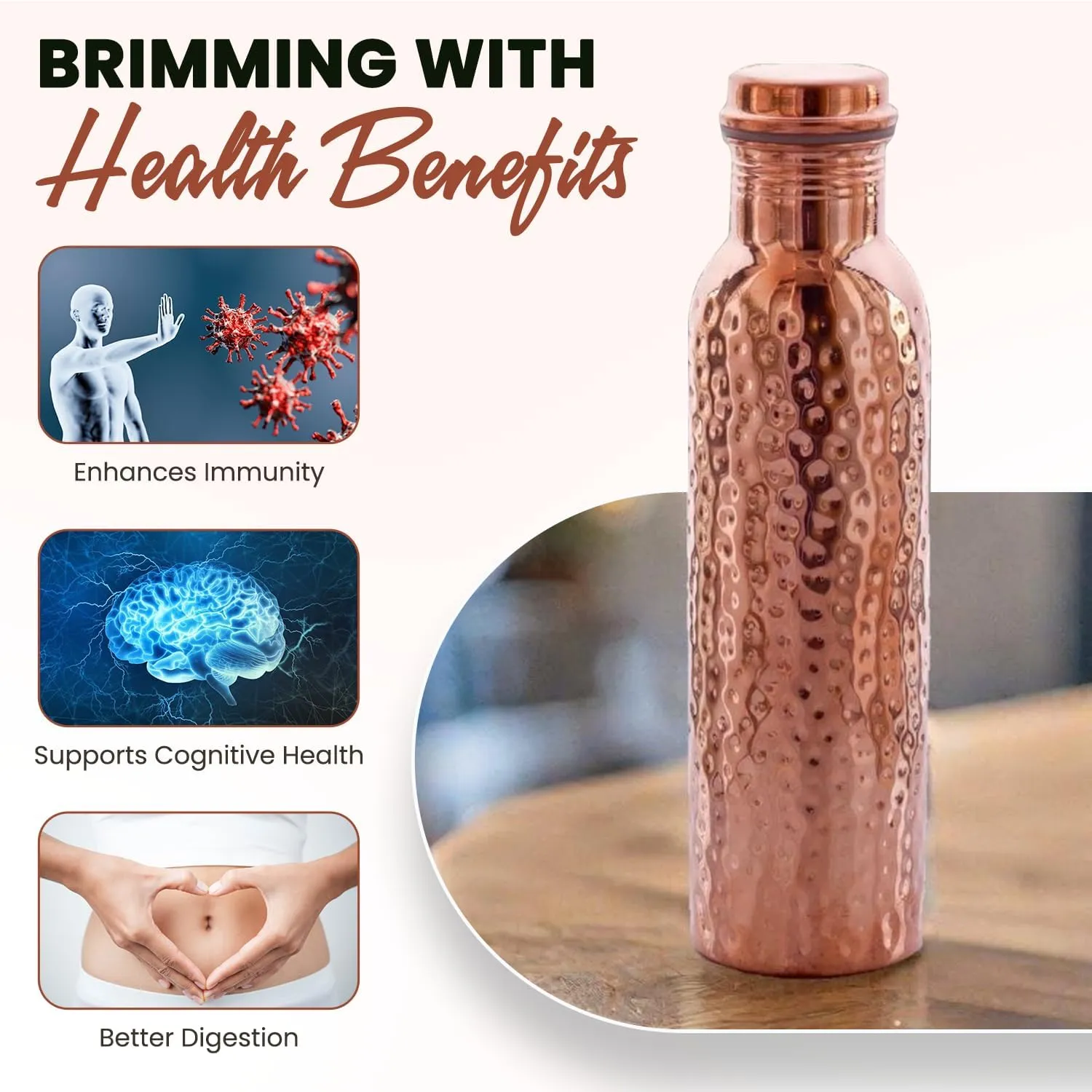 100% Pure Copper Water Bottle - 25.36 Fl Oz / 750 ml - Handmade Leak Proof Vessel For Drinking With Ayurvedic Health Benefits For Sports Fitness Yoga, Gym, Office, Hiking, Outdoor