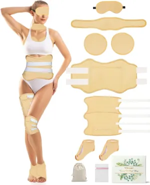 11 PCS Organic Castor Oil Pack Wrap Flannel Cotton for Entire Body, Castor Oil Pads Set for Eyes Breast Waist Knees Legs Feet, Adjustable Straps, Reusable,Machine Washable (Khaki)