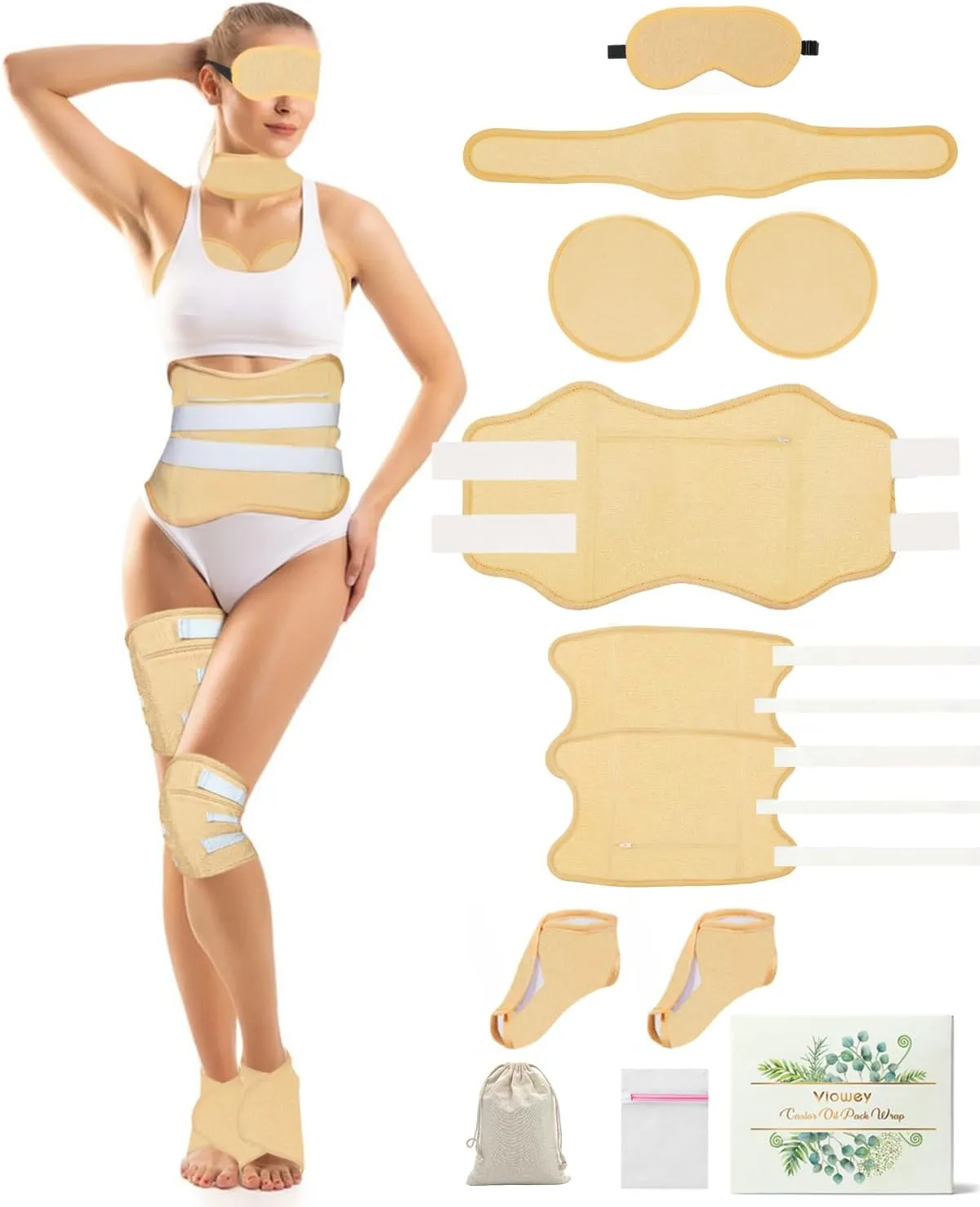 11 PCS Organic Castor Oil Pack Wrap Flannel Cotton for Entire Body, Castor Oil Pads Set for Eyes Breast Waist Knees Legs Feet, Adjustable Straps, Reusable,Machine Washable (Khaki)