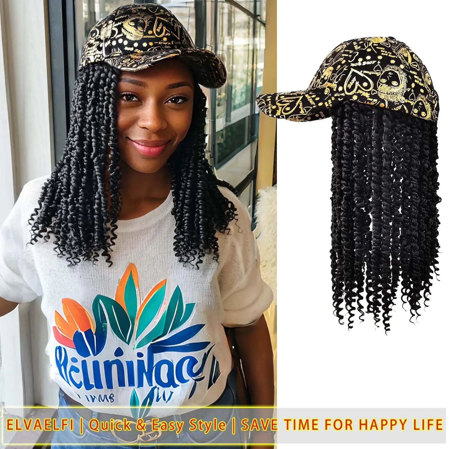 12inch Passion Twist Hair Extensions, Gold Graffiti Baseball Cap Wig, Breathable Synthetic Hair for Women