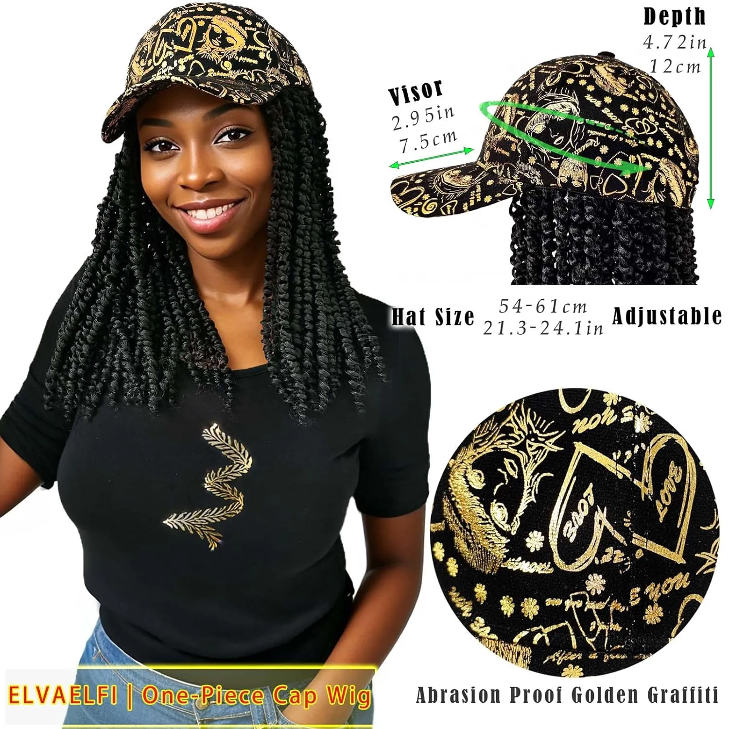 12inch Passion Twist Hair Extensions, Gold Graffiti Baseball Cap Wig, Breathable Synthetic Hair for Women