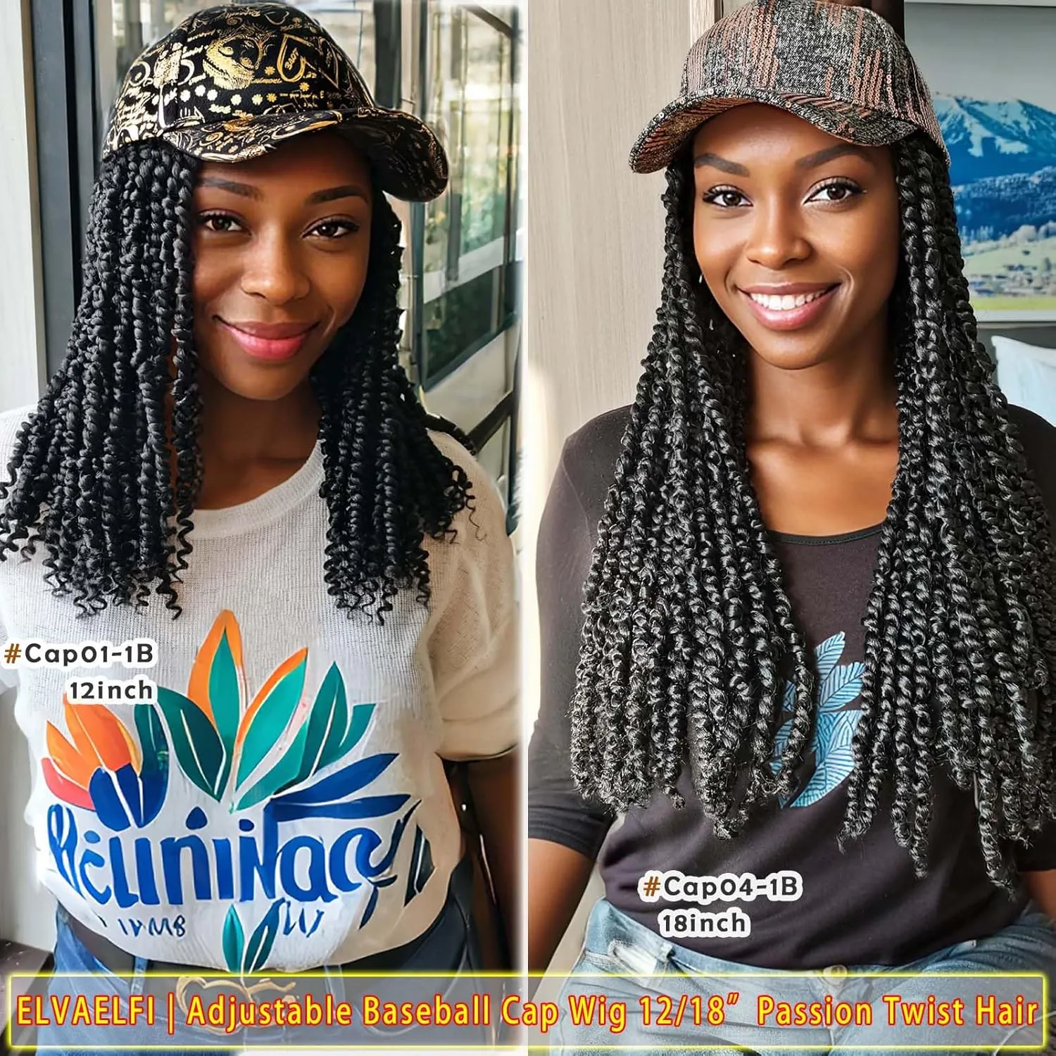 12inch Passion Twist Hair Extensions, Gold Graffiti Baseball Cap Wig, Breathable Synthetic Hair for Women