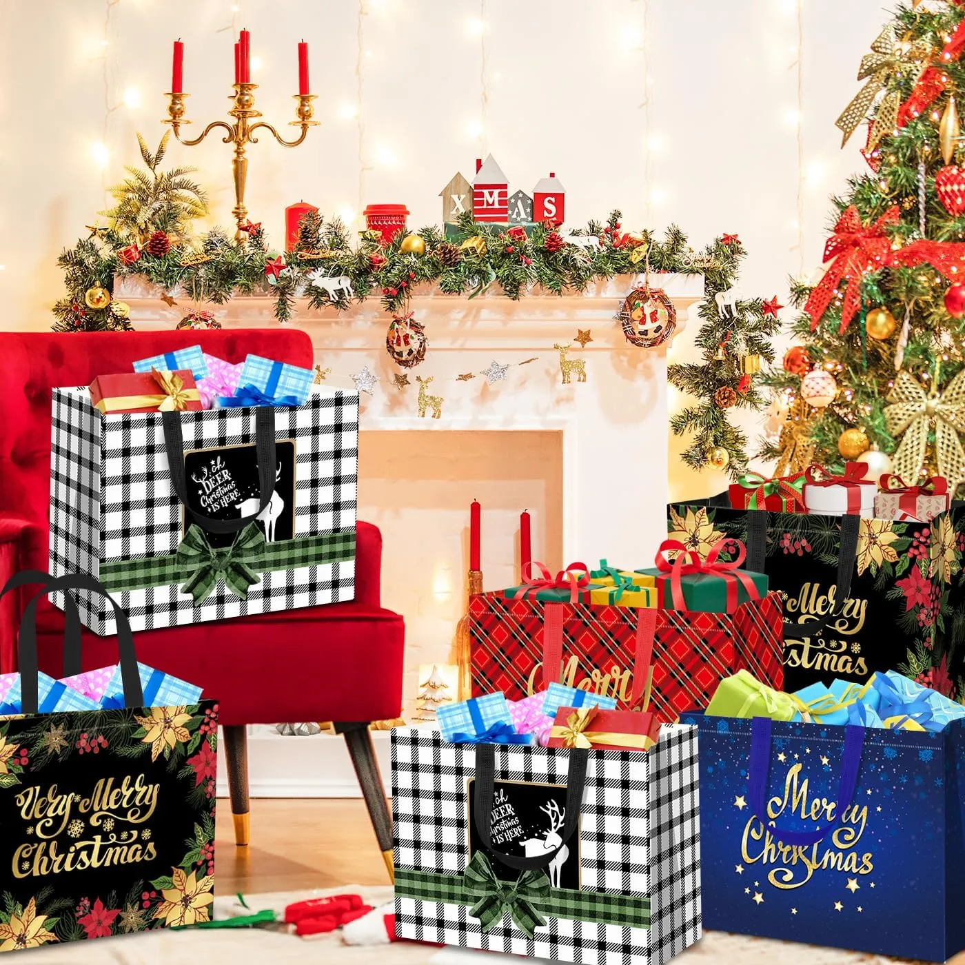 12Pack Extra Large Christmas Gift Bags,16.5"×12.6"×7.2" Reusable Non-Woven Christmas Tote Bags with Handles, Multifunctional Holiday Gift Bags for Christmas Presents, Party Favors, Groceries,and Goodies