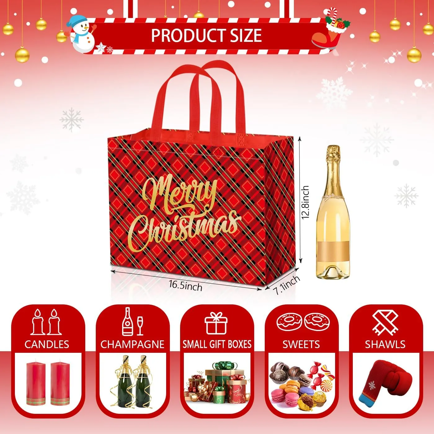 12Pack Extra Large Christmas Gift Bags,16.5"×12.6"×7.2" Reusable Non-Woven Christmas Tote Bags with Handles, Multifunctional Holiday Gift Bags for Christmas Presents, Party Favors, Groceries,and Goodies