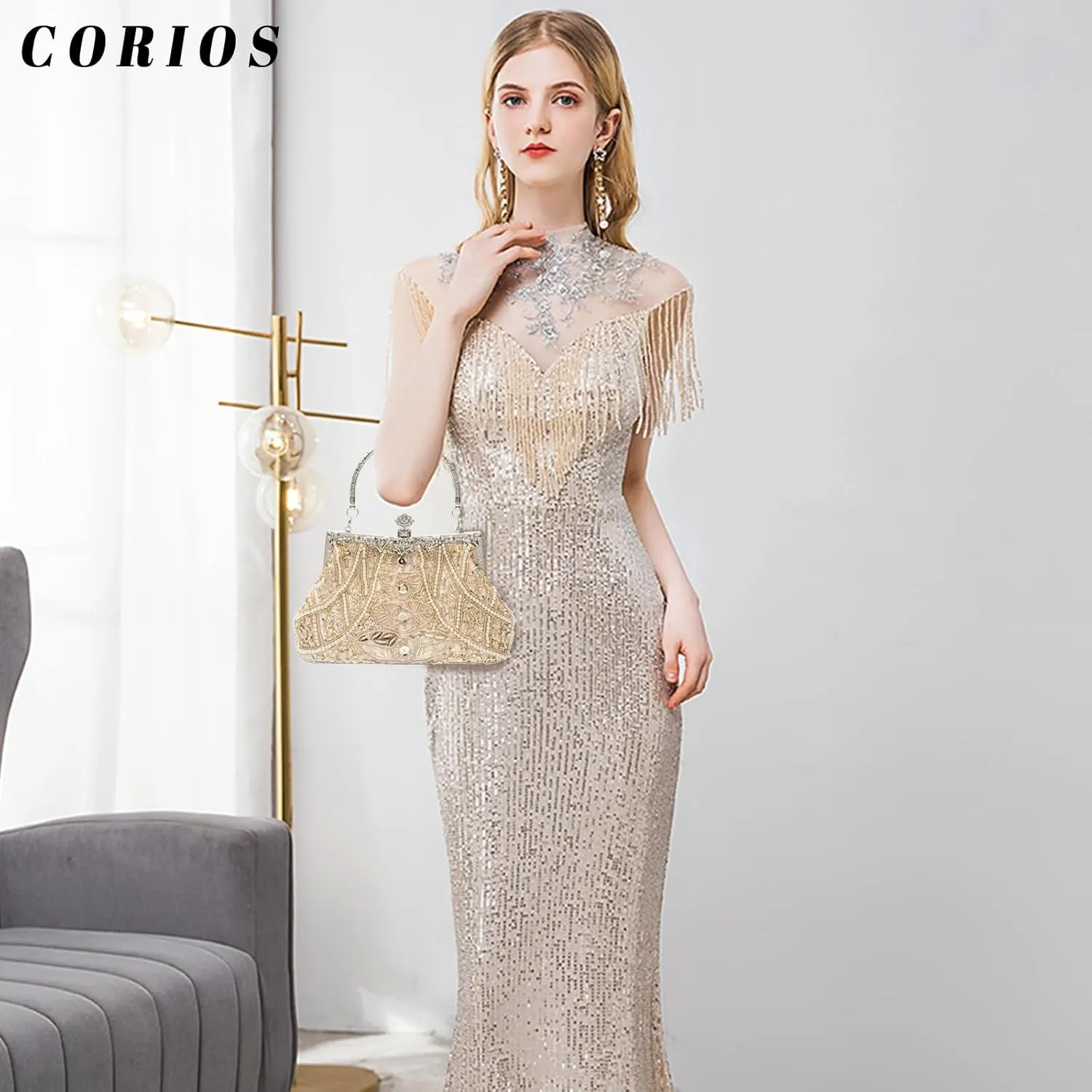 1920s Vintage Beaded Evening Bag for Women Pearl Clutch Bag Sequin Handbag Bridal Wedding Purse