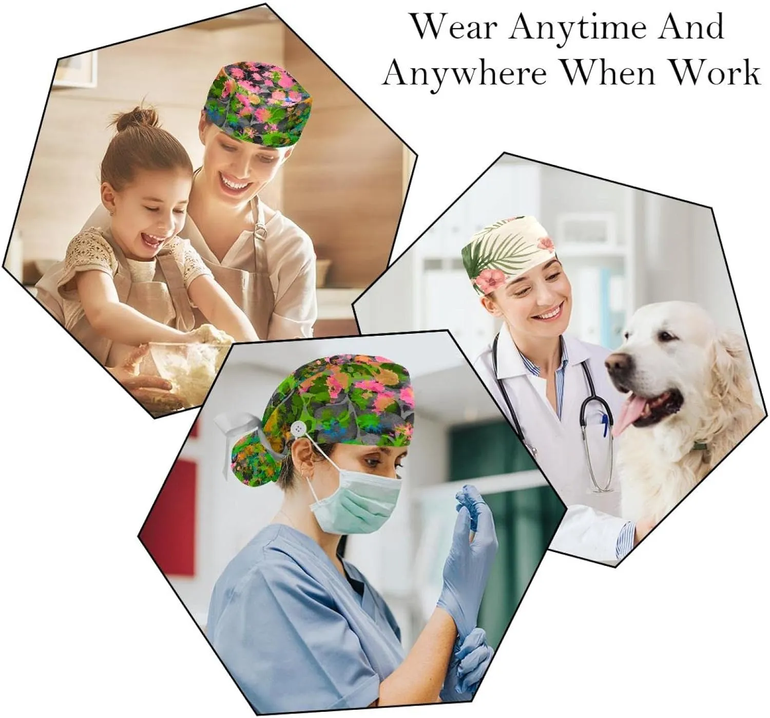2 Packs Working Cap with Button for Women Long Hair Adjustable Elastic Bandage Tie Back Hats Bouffant Caps Floral