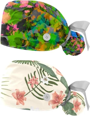 2 Packs Working Cap with Button for Women Long Hair Adjustable Elastic Bandage Tie Back Hats Bouffant Caps Floral