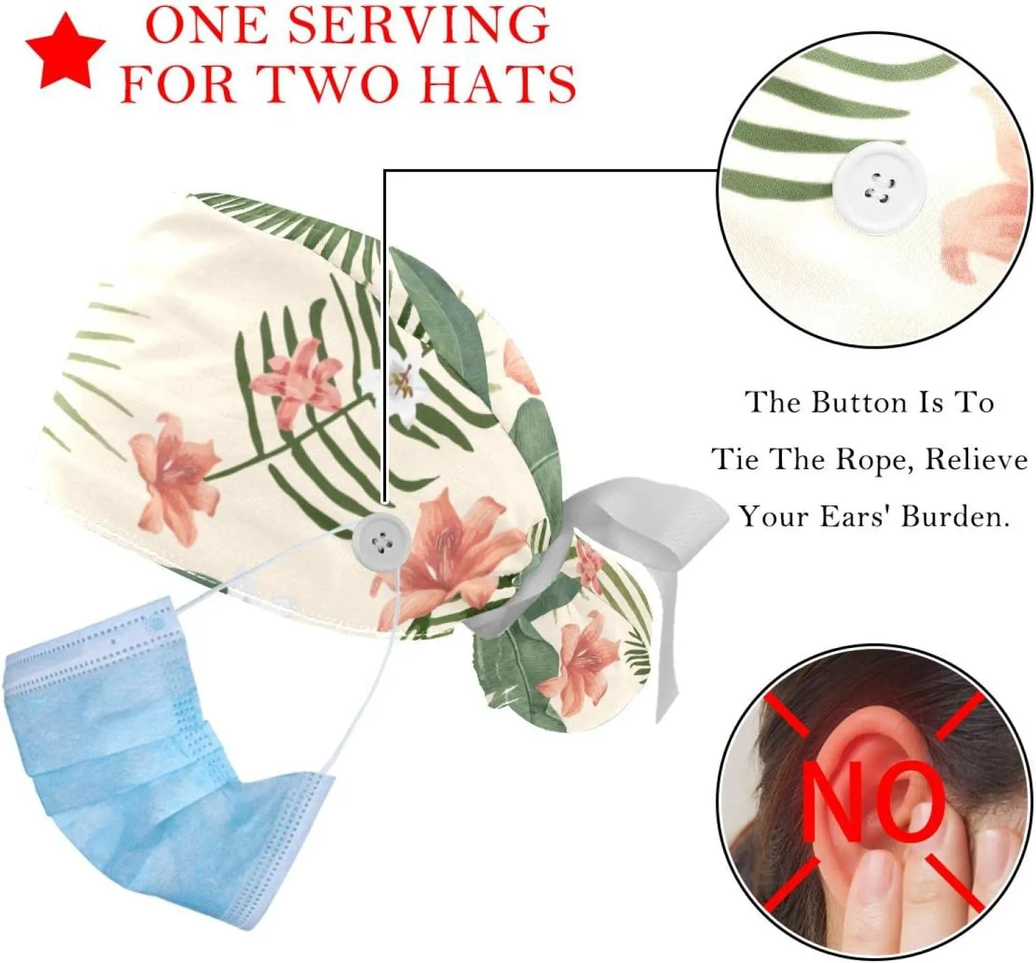 2 Packs Working Cap with Button for Women Long Hair Adjustable Elastic Bandage Tie Back Hats Bouffant Caps Floral