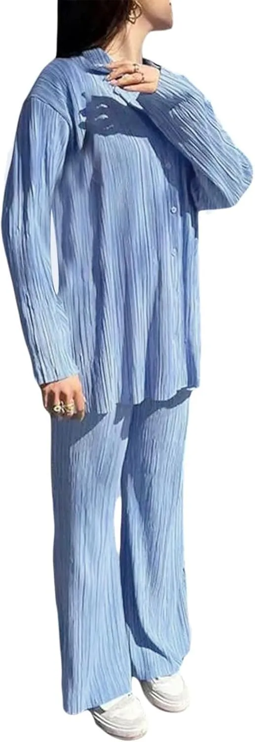 2 Piece Casual Outfits Set for Women Pleated Wide Leg Pants Long Sleeve Button Down Y2K Shirt Lounge Streetwear Suit
