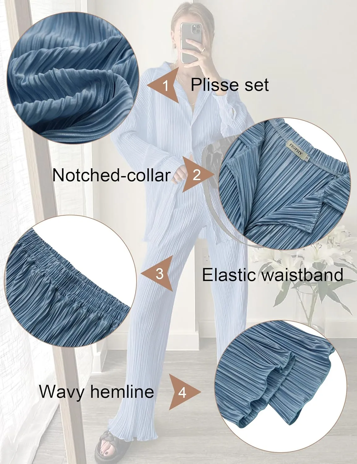 2 Piece Casual Outfits Set for Women Pleated Wide Leg Pants Long Sleeve Button Down Y2K Shirt Lounge Streetwear Suit