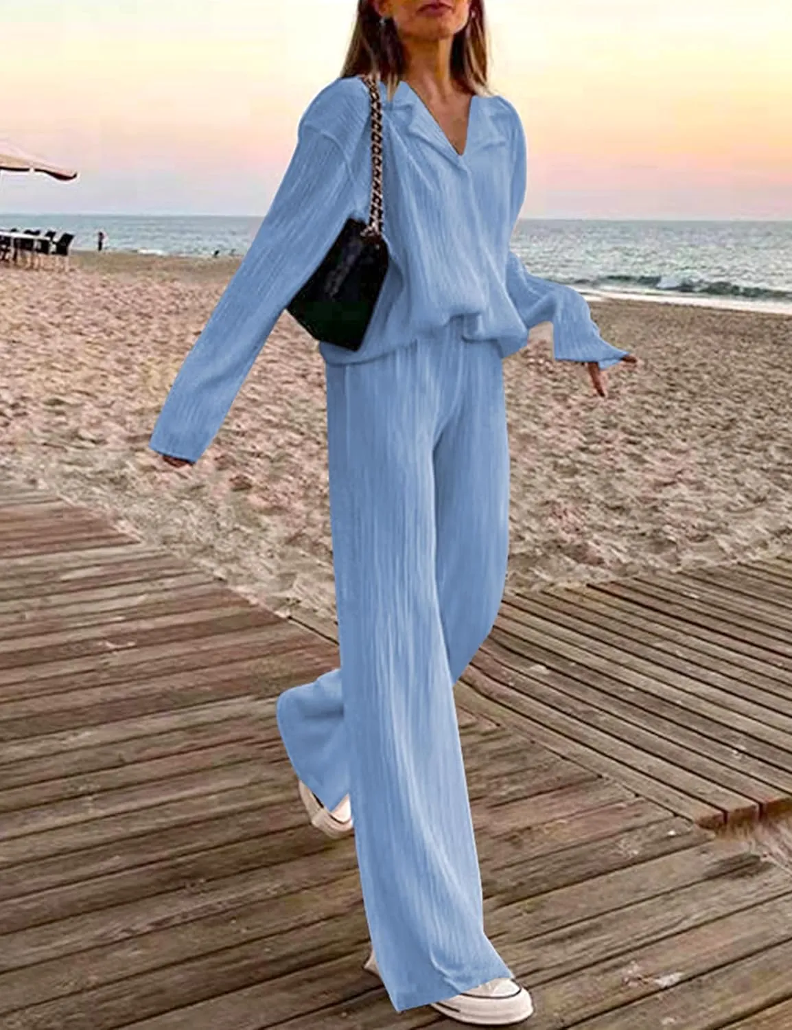 2 Piece Casual Outfits Set for Women Pleated Wide Leg Pants Long Sleeve Button Down Y2K Shirt Lounge Streetwear Suit