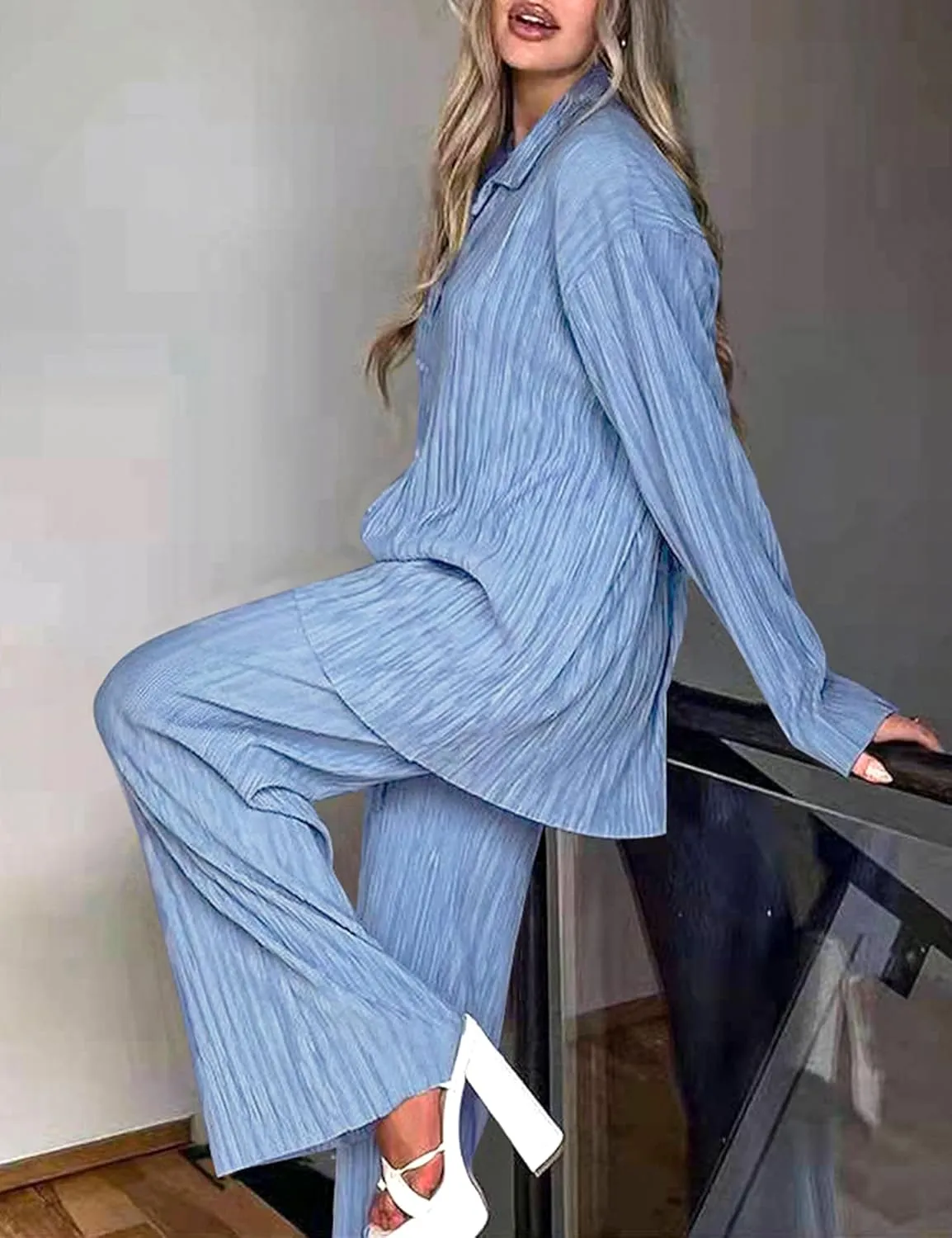 2 Piece Casual Outfits Set for Women Pleated Wide Leg Pants Long Sleeve Button Down Y2K Shirt Lounge Streetwear Suit