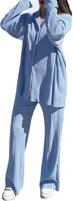 2 Piece Casual Outfits Set for Women Pleated Wide Leg Pants Long Sleeve Button Down Y2K Shirt Lounge Streetwear Suit