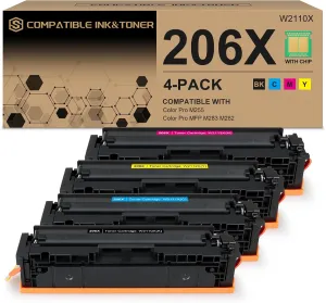 206X 206A High Yield Toner Cartridges 4 Pack (with Chip) Works with HP Color Pro MFP M283fdw M283cdw, Pro M255dw M255nw, MFP M282nw M283 M282 M255 Printer | W2110X W2111X W2112X W2113X 206A W2110A