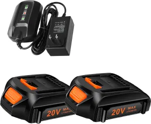 20V 2Packs Replacement Battery and Charger Starter Kit， Cell9102 WA3520 Lithium Battery and Charger WA3742 Compatible with Worx 20-Volt Cordless Power Tools