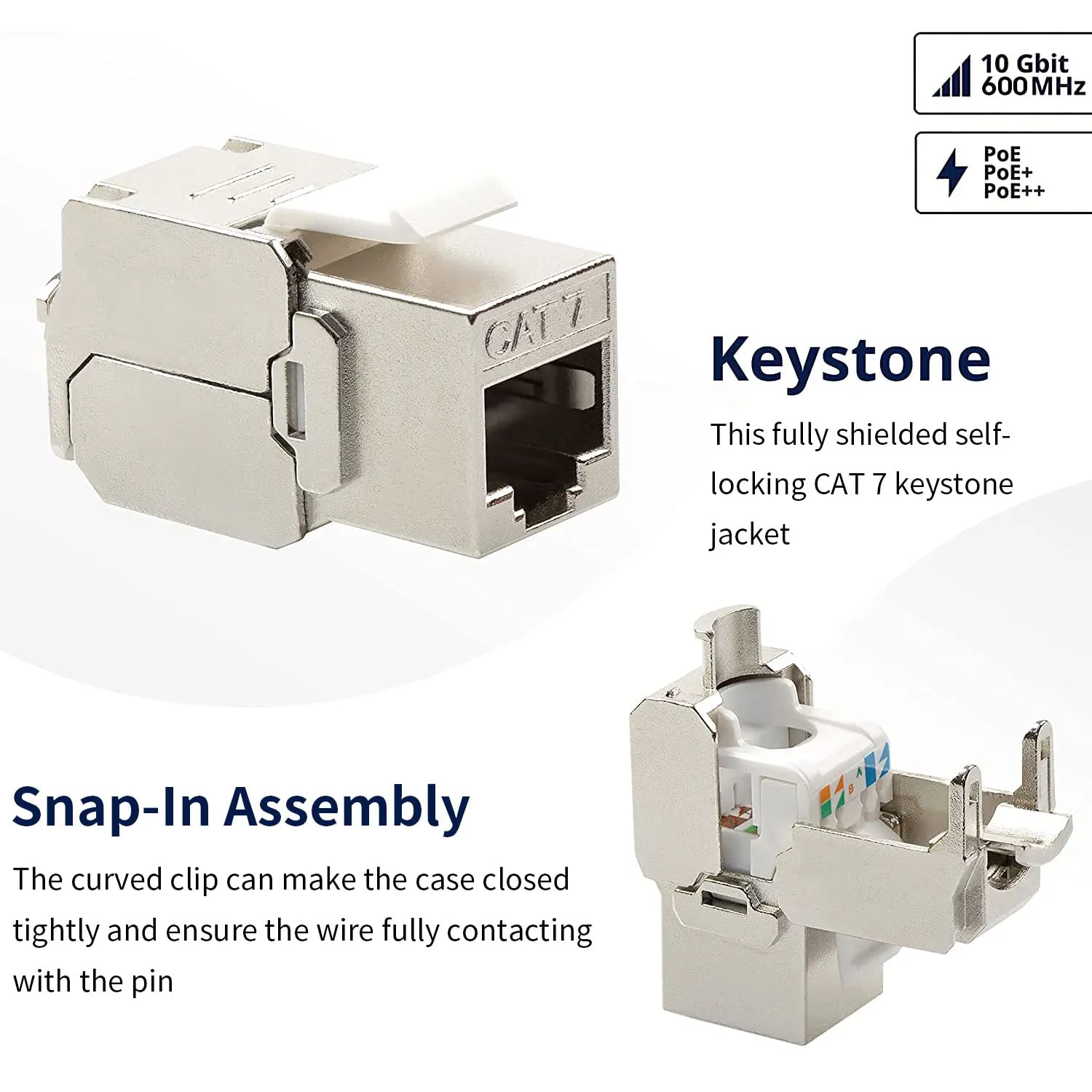 24 Pcs Cat7 Cat6a Keystone Jack Cat 7 RJ45 STP Tool-Less Type Zinc Alloy Module Jacks Adapter Coupler for 22 to 26 AWG Solid or Stranded S/FTP Ethernet Cable