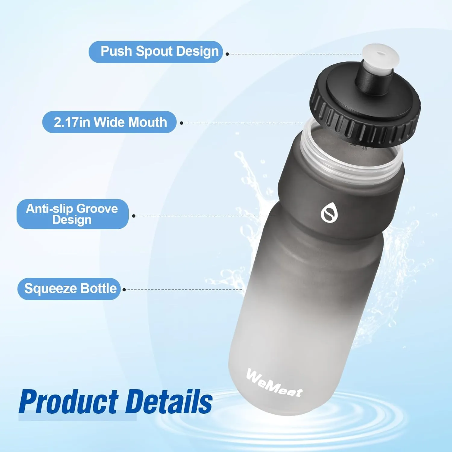 24oz Sport Squeeze Bottle, BPA Free, Leak Proof Mountain Bike Water Bottle with Capacity Scale, Fits Most Bike Cages, for Cycling, Gym, Camping, Hiking (Black, 2-Pack)
