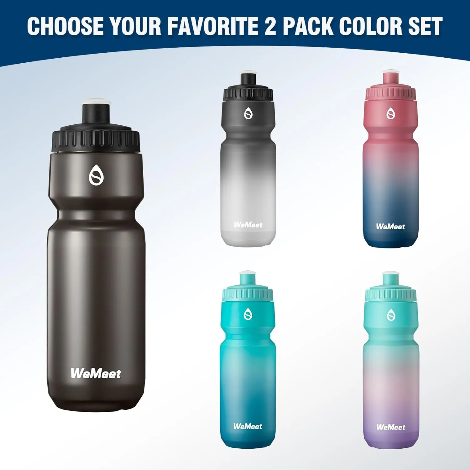 24oz Sport Squeeze Bottle, BPA Free, Leak Proof Mountain Bike Water Bottle with Capacity Scale, Fits Most Bike Cages, for Cycling, Gym, Camping, Hiking (Black, 2-Pack)
