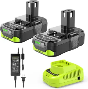 2Packs 3.0Ah Battery Replacement for Ryobi 18V Battery and Charger, Compatible with Ryobi 18V Cordless Power Tools