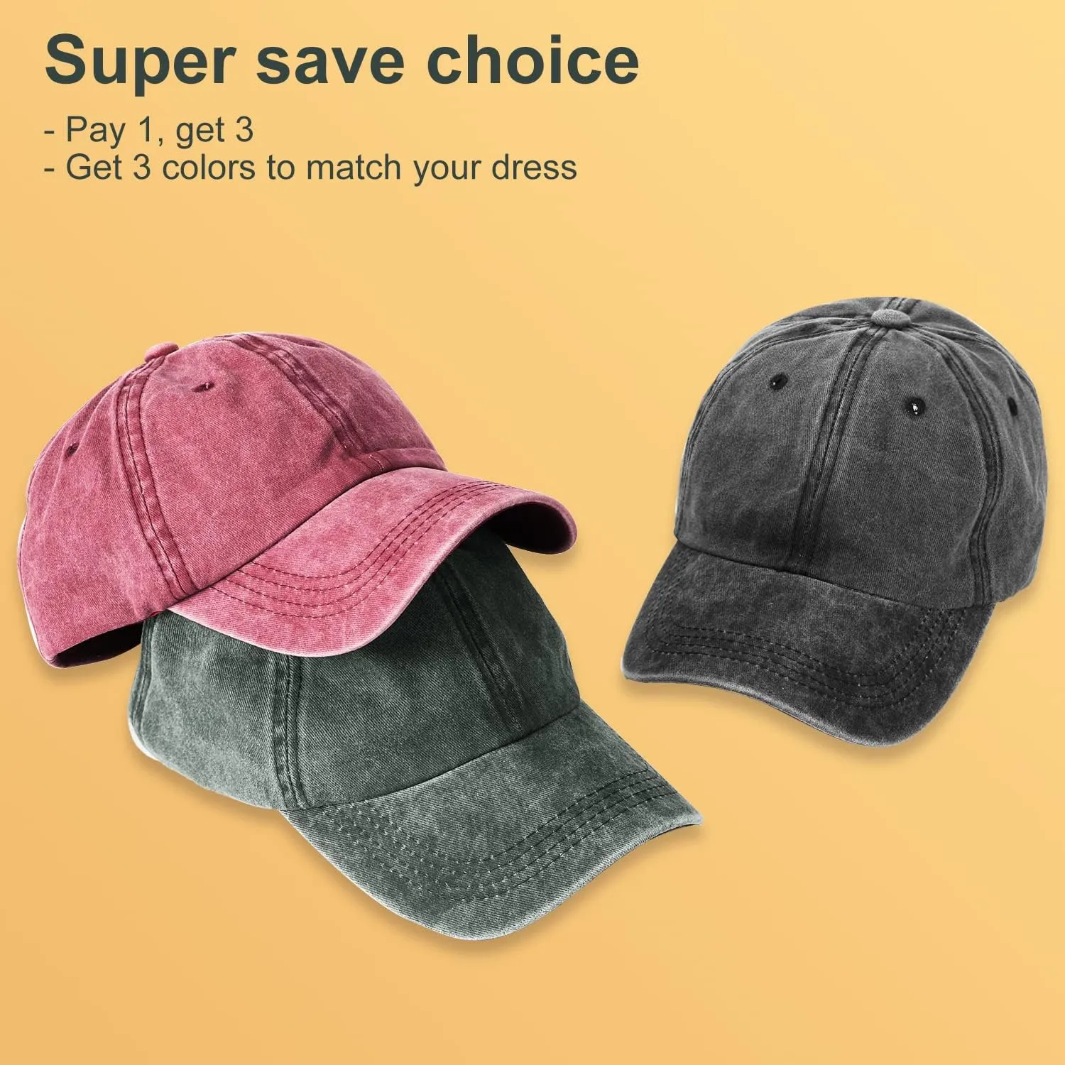 3 Pack Washed Plain Baseball Cap, Retro Adjustable Dad Hats Gift for Men/Women,Unstructured/Cotton