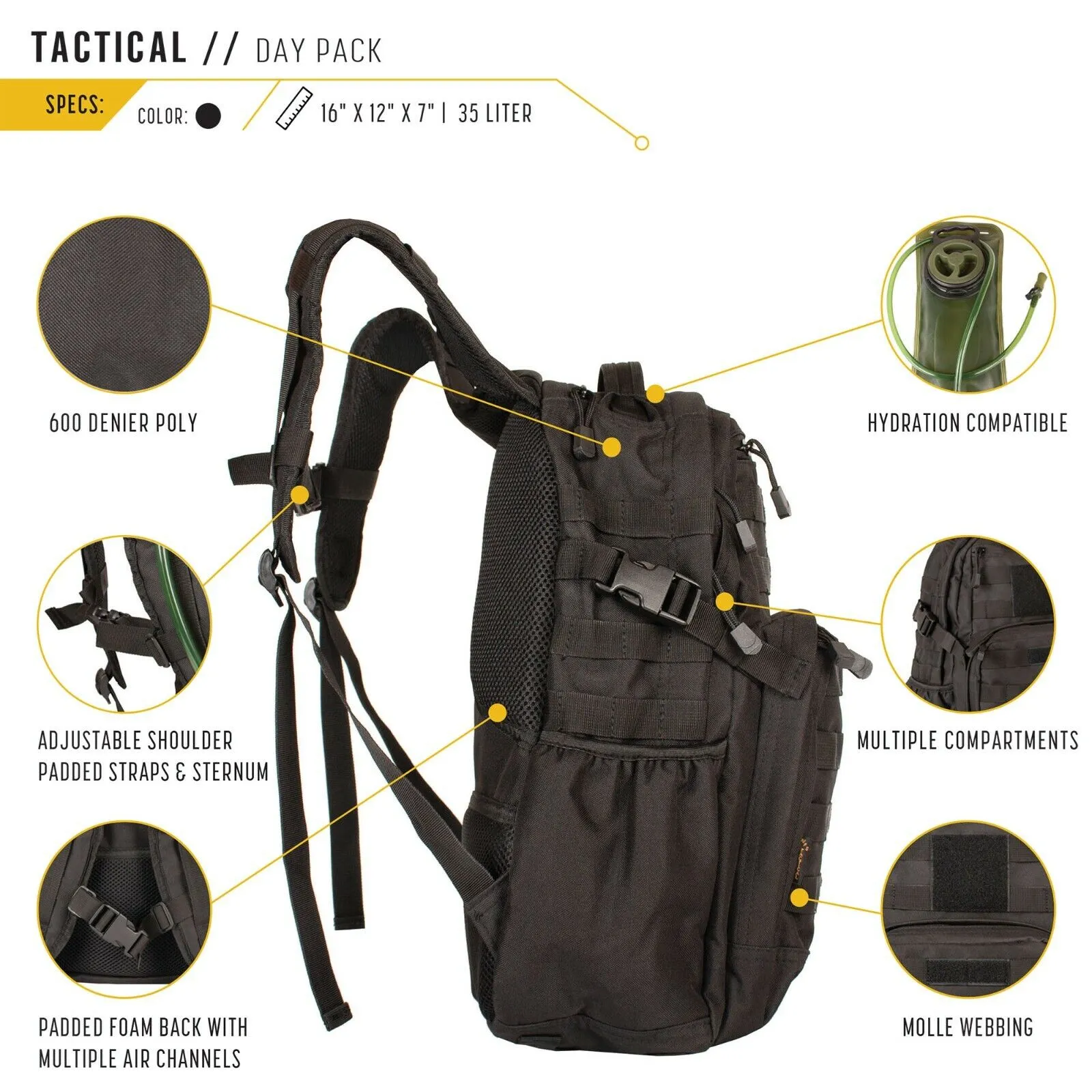 35L Tactical Hydration Compatible Hiking Backpack