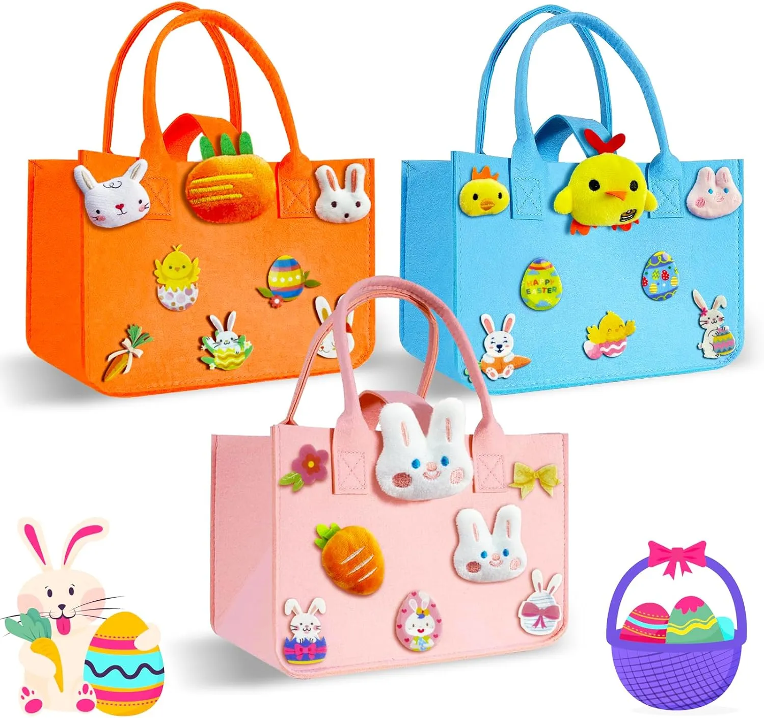 3Pcs Large Easter Baskets Bags with Handles Portable Felt Tote Bag for Easter Birthday Party