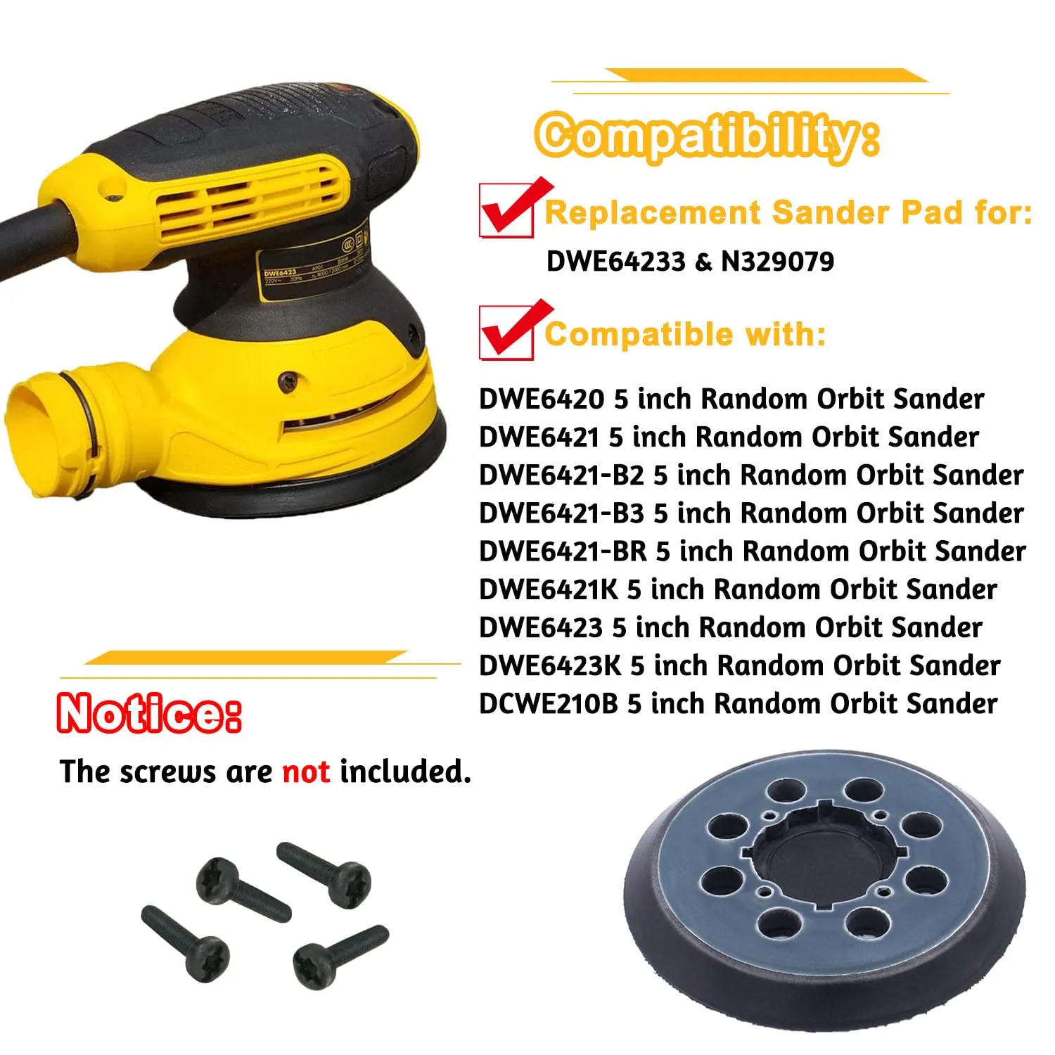 4 Packs 5 inch 8 Hole Hook and Loop Replacement Sanding Pad for DeWalt DWE64233 & N329079 Compatible with DWE6423/6423K, DWE6421/6421K, DWE6421-B2, DWE6421-B3, DWE6421-BR, DCW210B (4 Packs)