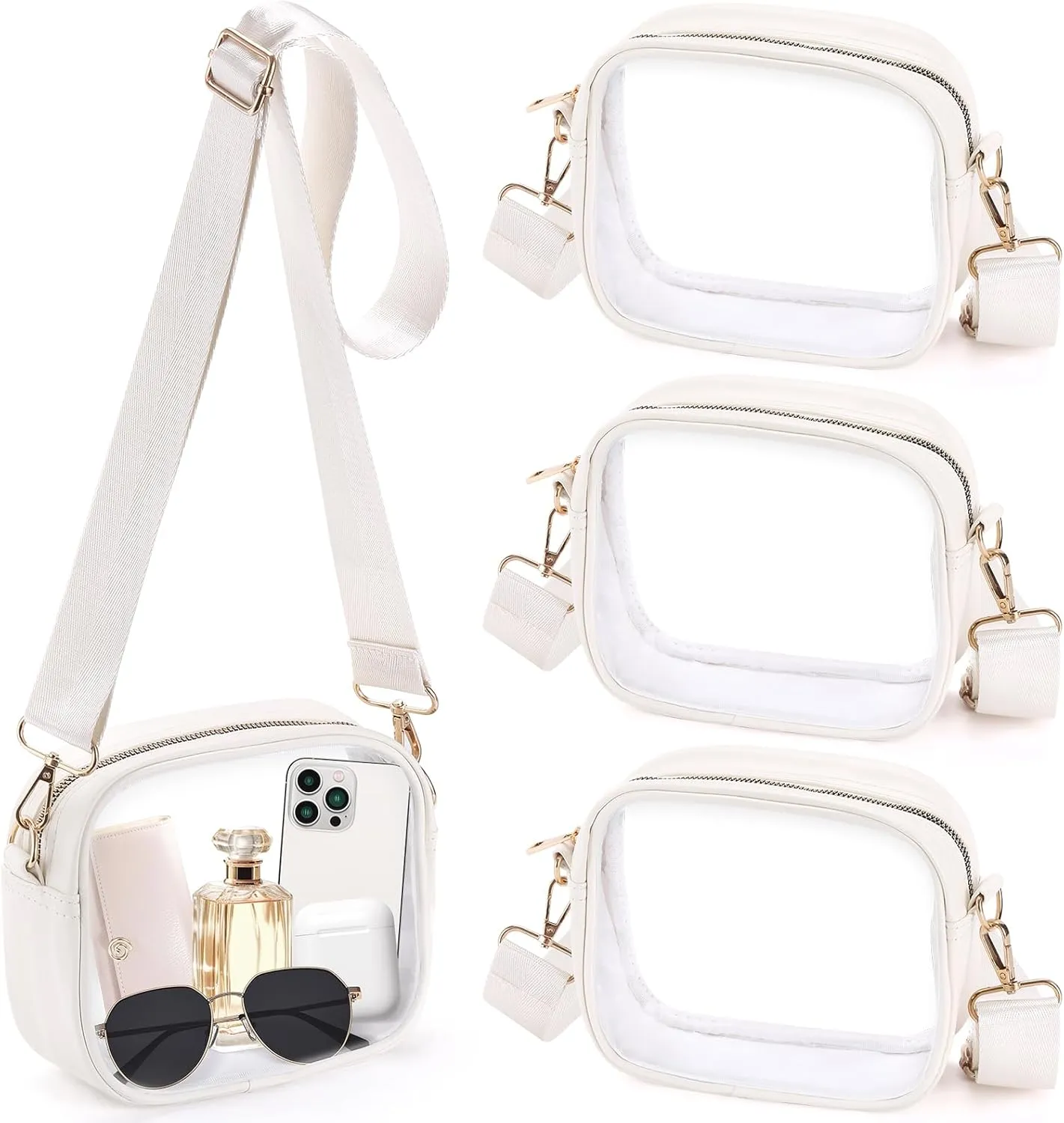 4ps Clear Bags for Stadium Approved Concert Events White Crossbody Purse for Women Men Transparent Waist Bag with Adjustable Shoulder Strap Sports Fan Belt Bags Football Game Day Essentials