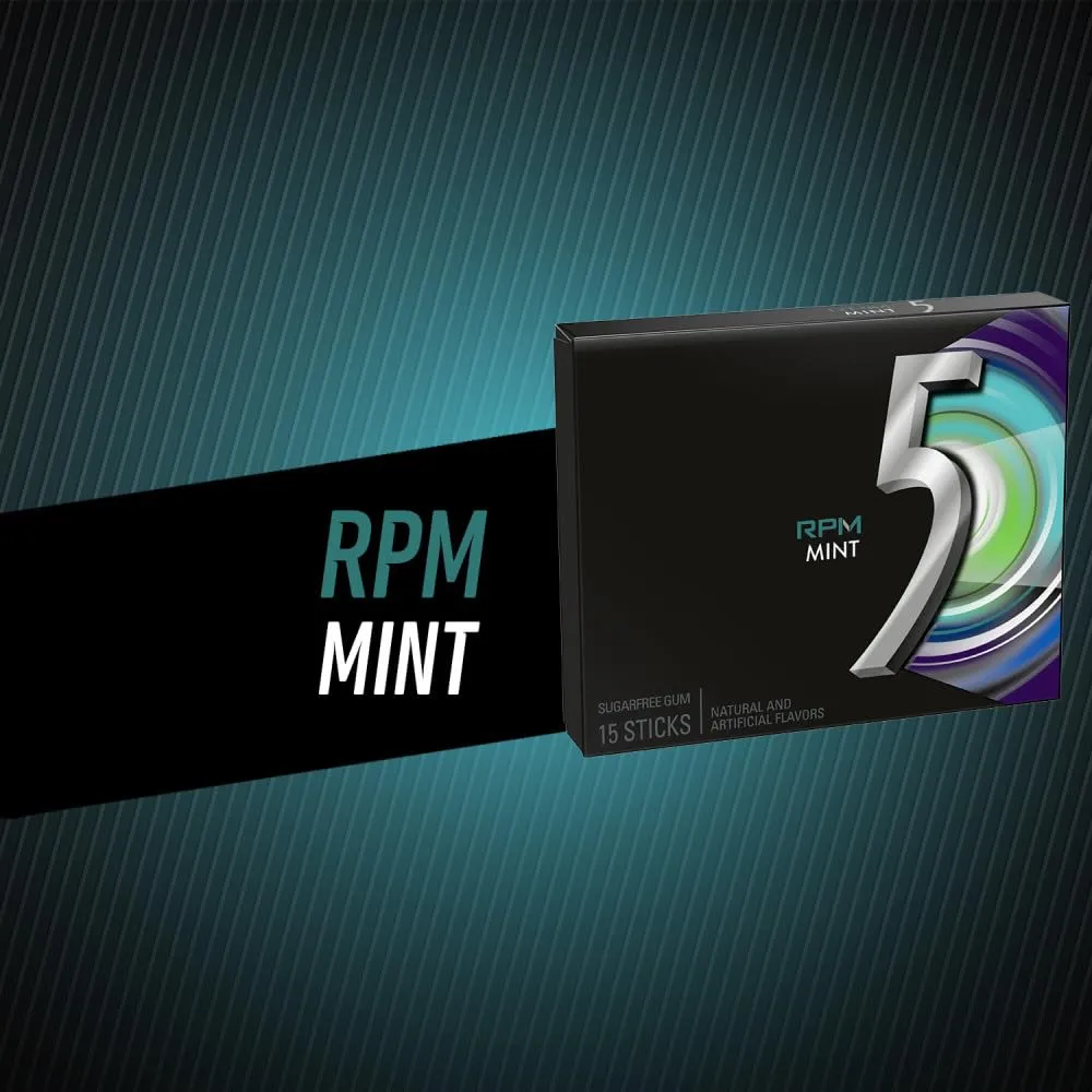 5 Gum RPM Mint Sugarfree Gum, 15 Count (Pack of 10)