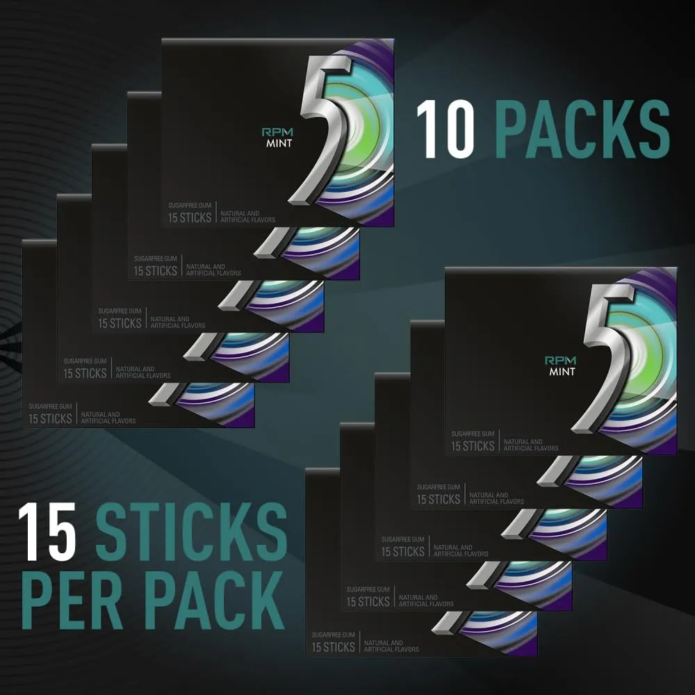 5 Gum RPM Mint Sugarfree Gum, 15 Count (Pack of 10)