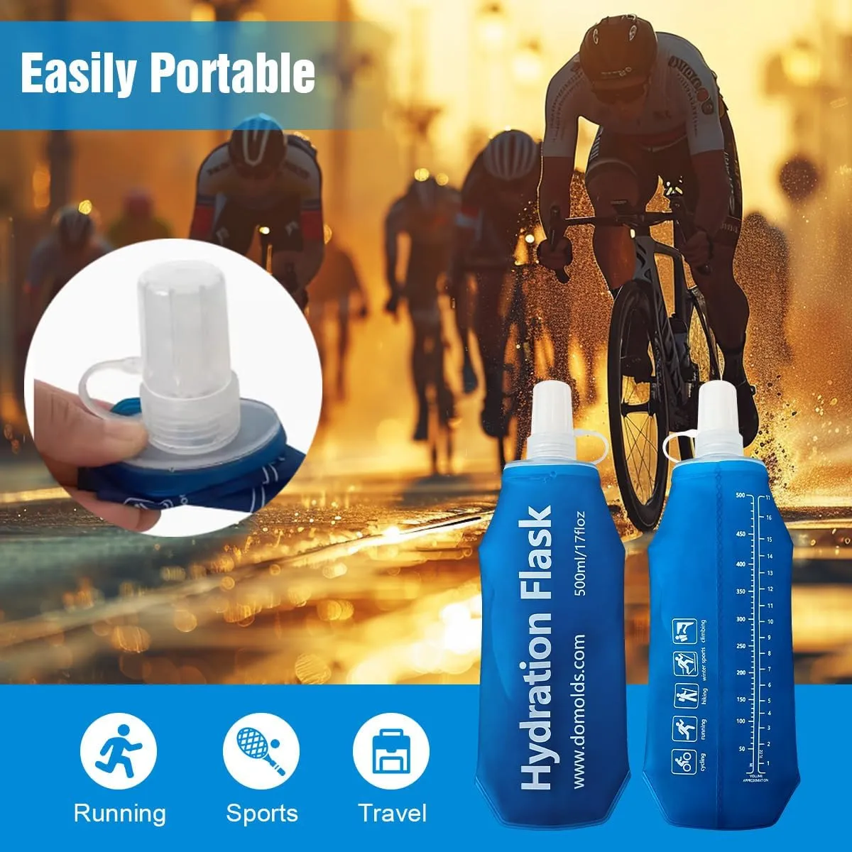 500ML Soft Flask, Running Water Bottle Foldable TPU Hydration Flask for Running Hydration Pack Cycling Hiking Marathon, Pack of 2