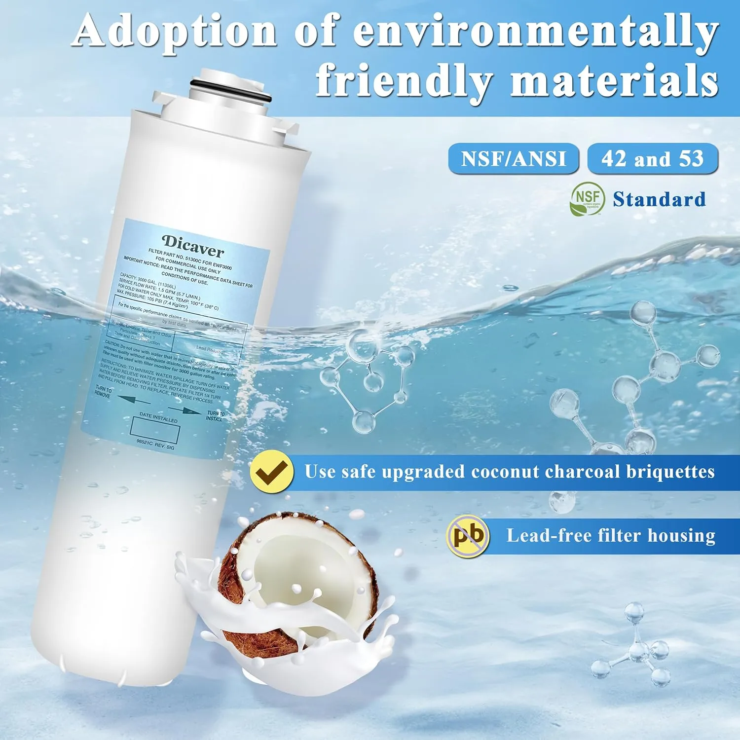51300C Filters, Replacement for Elkay 51300C EWF3000 Filter By NSF/ANSI 42 Certified,Compatible with Ezh2o Filter Replacement Bottle Stations, High Capacity 51300C Filter 3000 Gallon (No Chip) 4 Packs