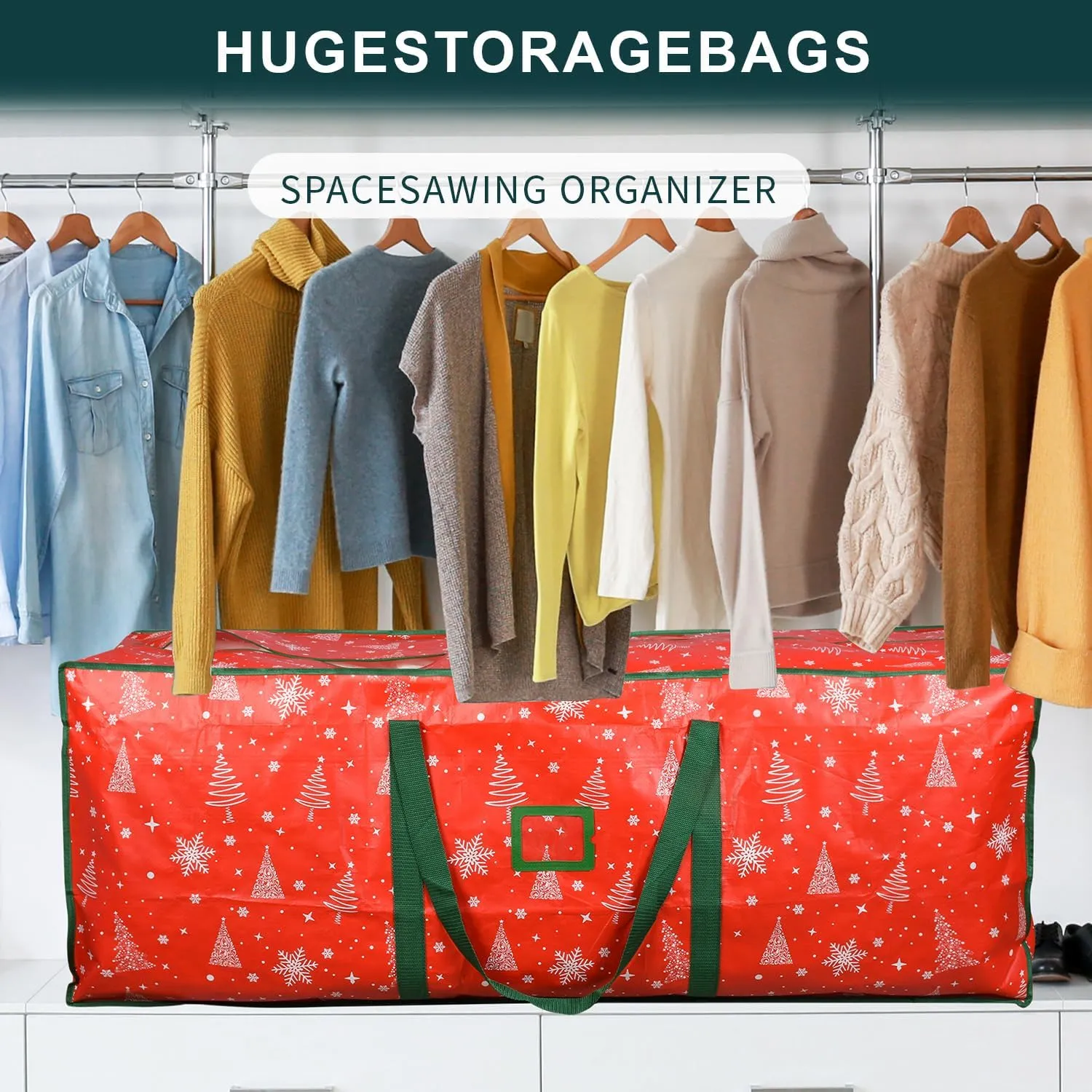 589L (9 ft) Extra Large Storage Bags, Heavy Duty Large Moving Bags, Storage Totes Moving Boxes Supplies for College, Foldable Duffle Bag for Travel, Christmas Tree Storage Bag- RED PATTERN