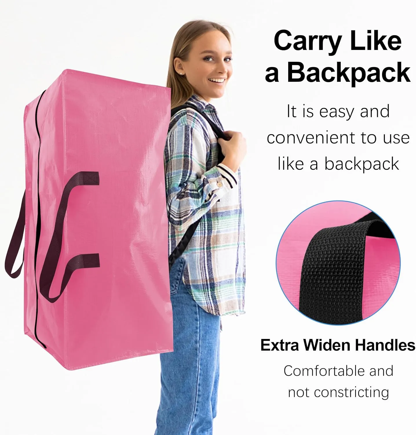 6 Pack Heavy Duty Large Moving Bags W/Backpack Straps - Strong Handles & Zippers, Storage Totes For Space Saving, Fold Flat, Alternative to Moving Box and Storage Bin, Pink