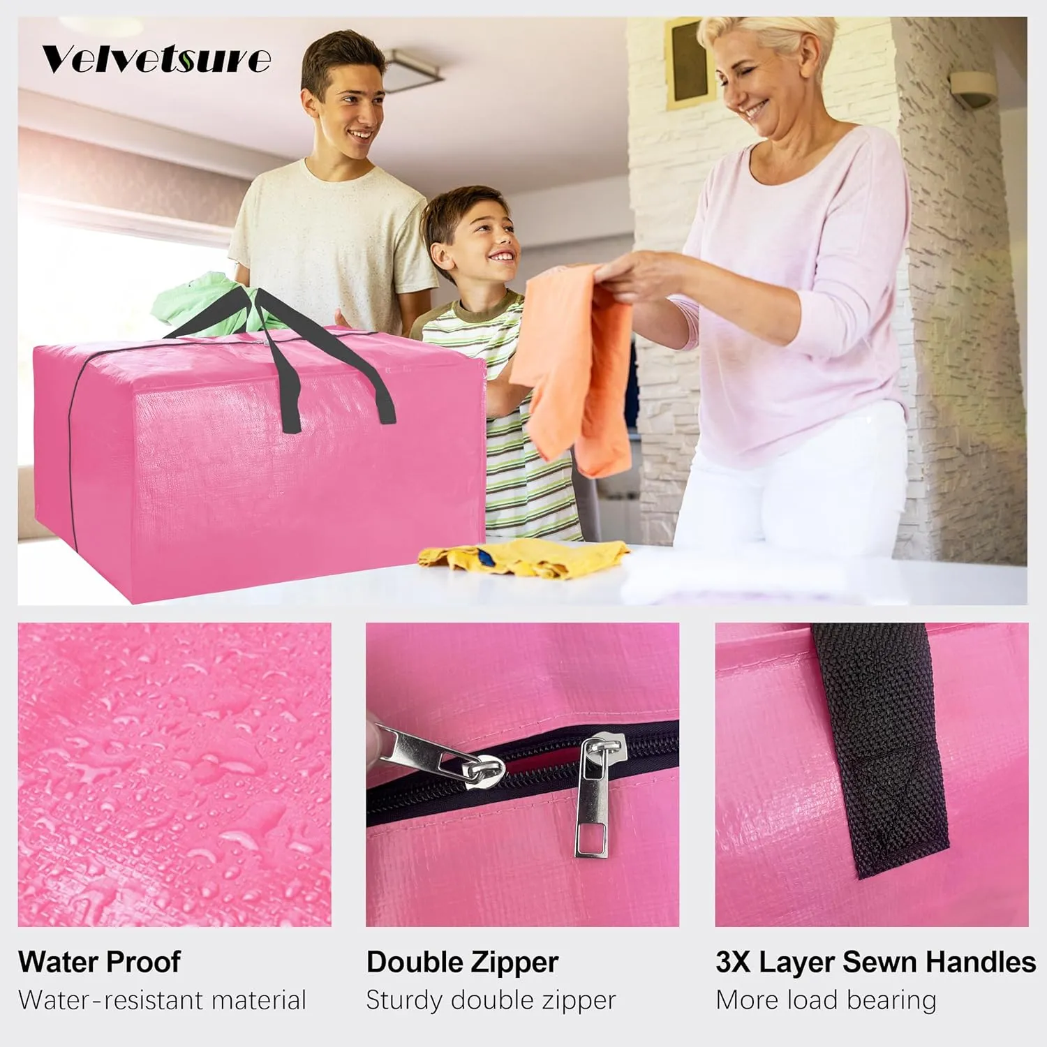 6 Pack Heavy Duty Large Moving Bags W/Backpack Straps - Strong Handles & Zippers, Storage Totes For Space Saving, Fold Flat, Alternative to Moving Box and Storage Bin, Pink