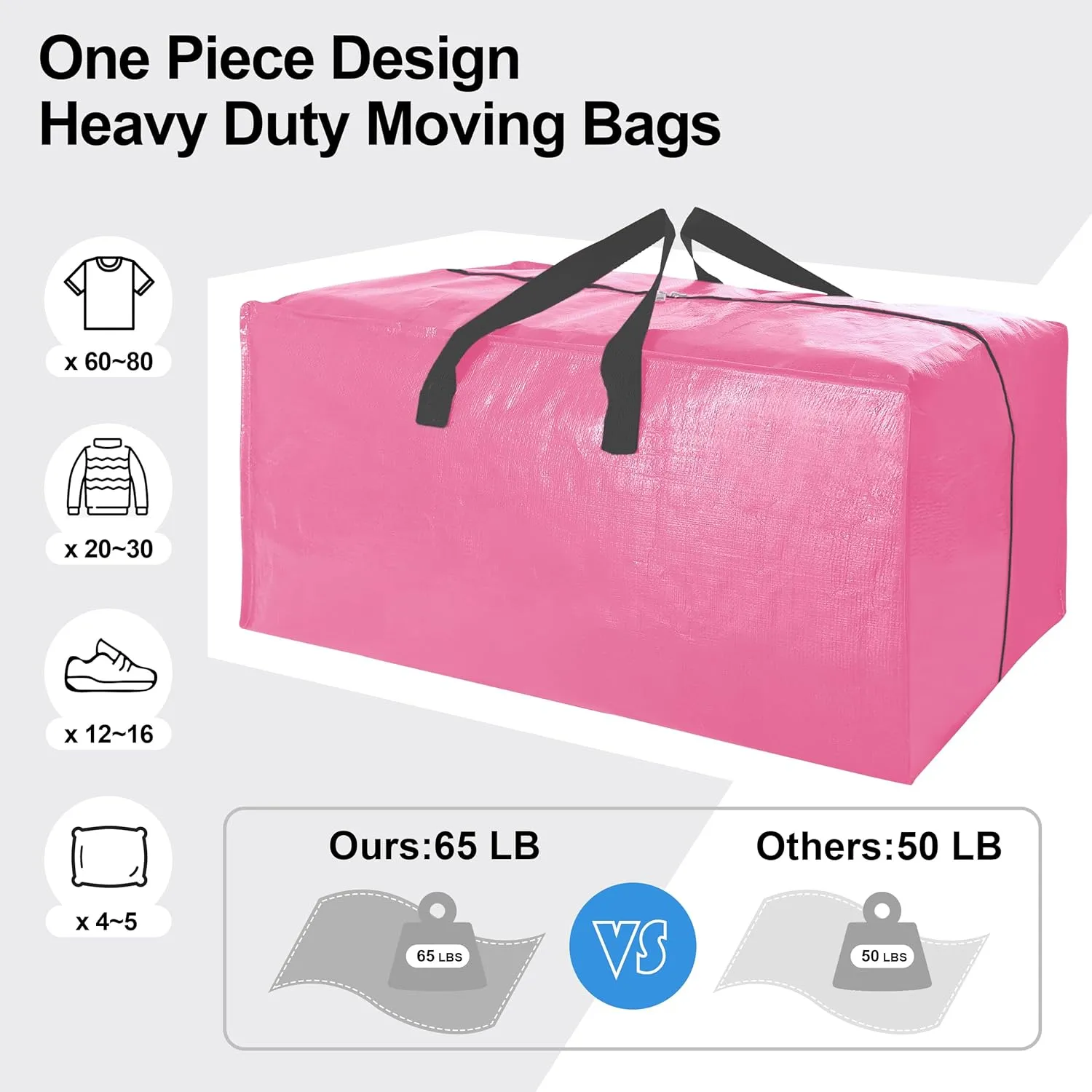 6 Pack Heavy Duty Large Moving Bags W/Backpack Straps - Strong Handles & Zippers, Storage Totes For Space Saving, Fold Flat, Alternative to Moving Box and Storage Bin, Pink
