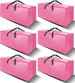 6 Pack Heavy Duty Large Moving Bags W/Backpack Straps - Strong Handles & Zippers, Storage Totes For Space Saving, Fold Flat, Alternative to Moving Box and Storage Bin, Pink