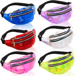 6 Pieces Holographic Fanny Pack, Adjustable Shinny Sport Waist Bag Festival, Metallic Color Neon Waist Pack for Outdoors, Travel, Running, Party
