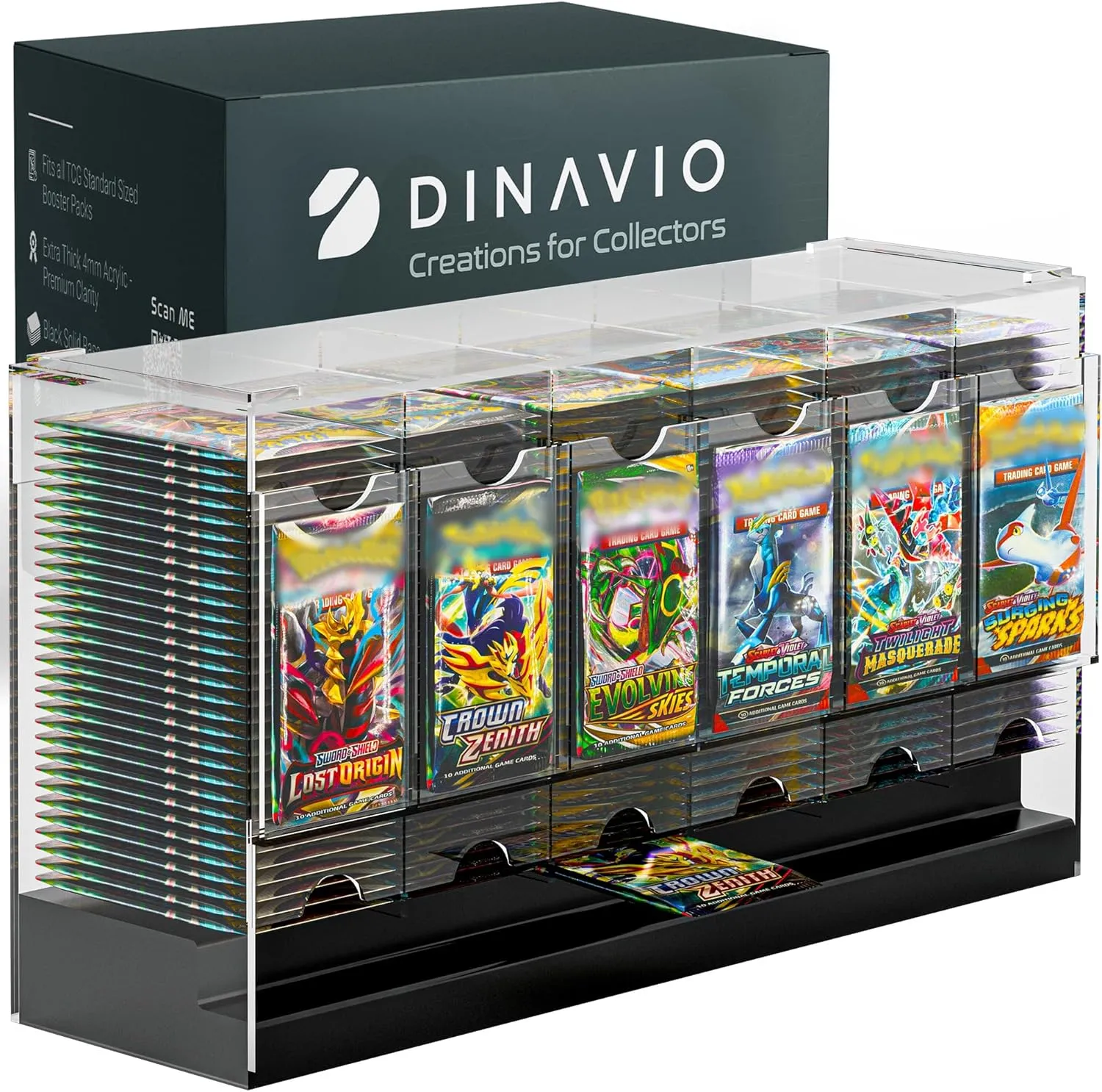 6-Slot Booster Pack Dispenser with Black Base - Fits 240 Booster Packs for Dispensing - Compatible with TCG Trading Card Boosters and Sports Card Boosters - 4mm Acrylic Stackable