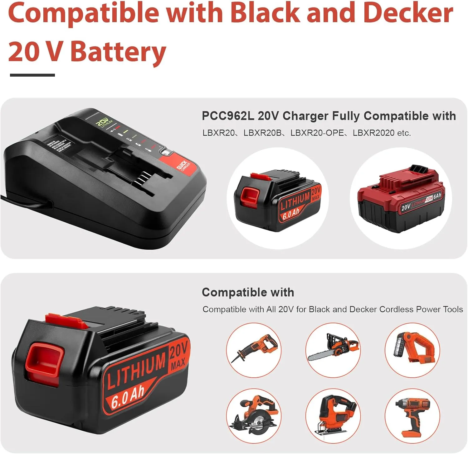 6.0Ah High-capacity Replacement Batteries for Black and Decker 20V Battery with 20 Volt Charger PCC692L, 2 Packs Batteries and Charger Combo Compatible with Black and Decker 20V Lithium Battery