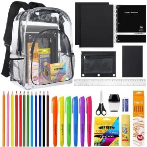 65 Pieces Back to School Supplies with15 inch Clear Backpack for Kid, Elementary School Supply Kit Essential Bundle Bulk School Stationery Set for School Classroom Students Girl Boy