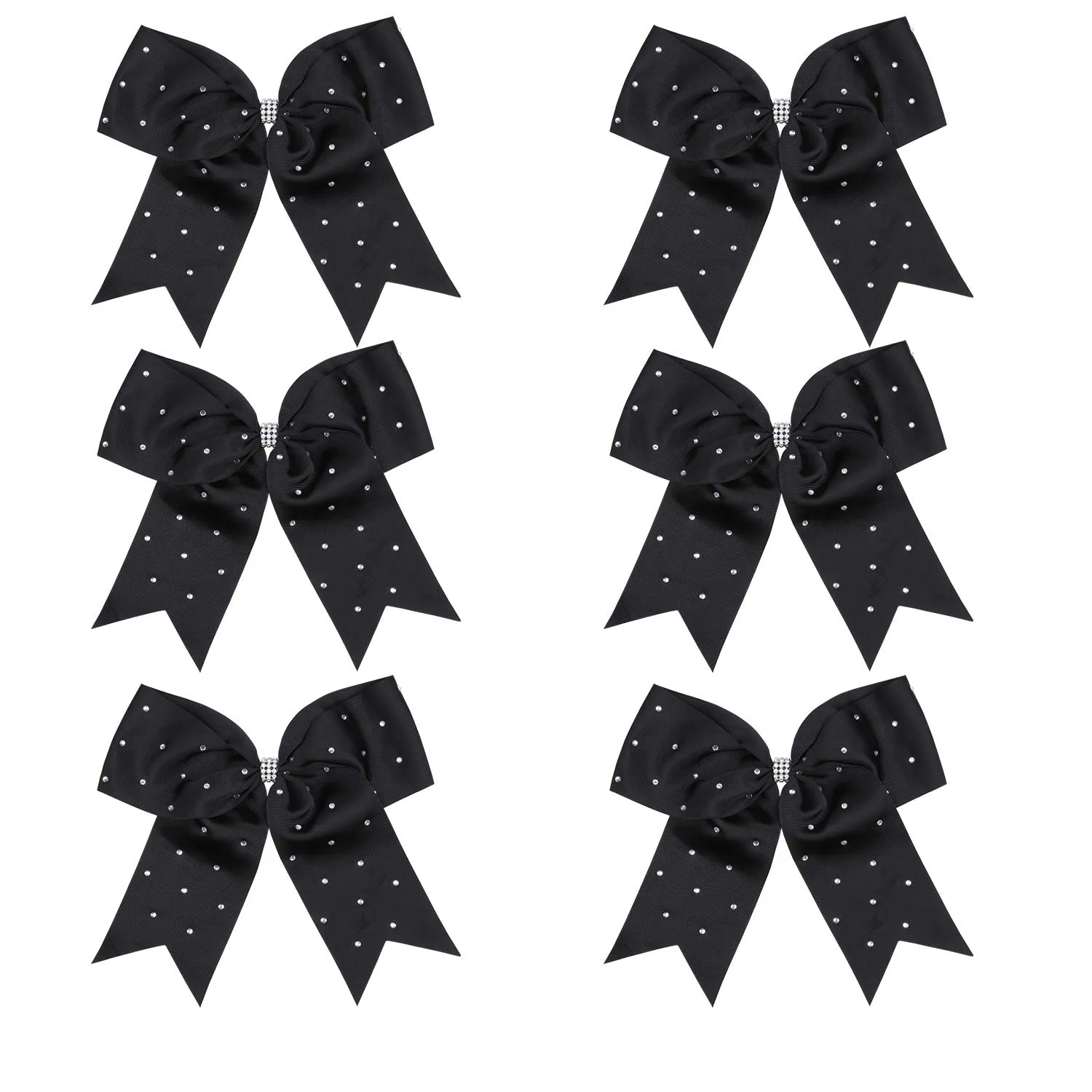 8 Inch Jumbo Cheerleader Bows with Bling Fling Rhinestones Ponytail Holder Cheerleading Bows Hair Tie 6 Pcs College (Black)