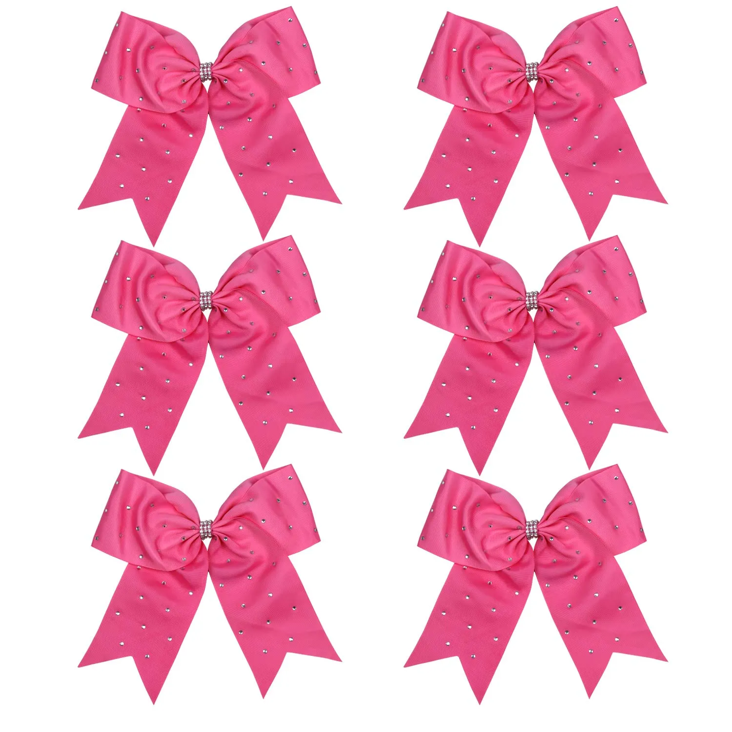 8 Inch Jumbo Cheerleader Bows with Bling Fling Rhinestones Ponytail Holder Cheerleading Bows Hair Tie 6 Pcs College (Hot pink)