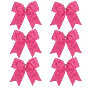 8 Inch Jumbo Cheerleader Bows with Bling Fling Rhinestones Ponytail Holder Cheerleading Bows Hair Tie 6 Pcs College (Hot pink)