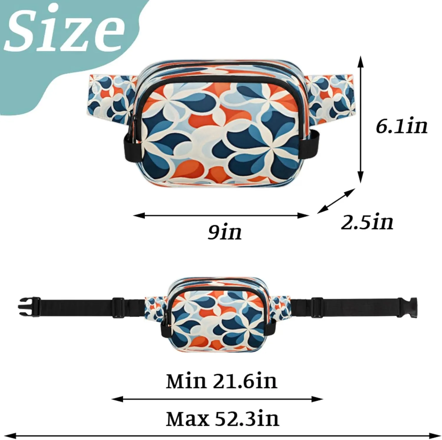 Abstract Petals Waterproof Unisex Square Fanny Pack, Adjustable Waist Bag with Pockets, Sturdy Lightweight Crossbody Bag for Travel, Running, Hiking (9x6.1x2.5 Inches)